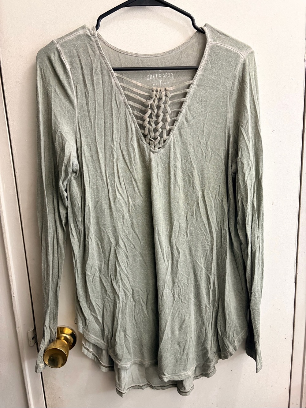 American Eagle Outfitters Braided V-Neck Long Sleeve Top - Sage